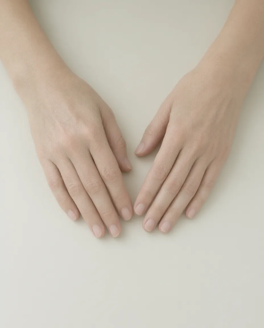 A woman's bare hands resting on a plain off-white surface, showing natural skin texture without shine.