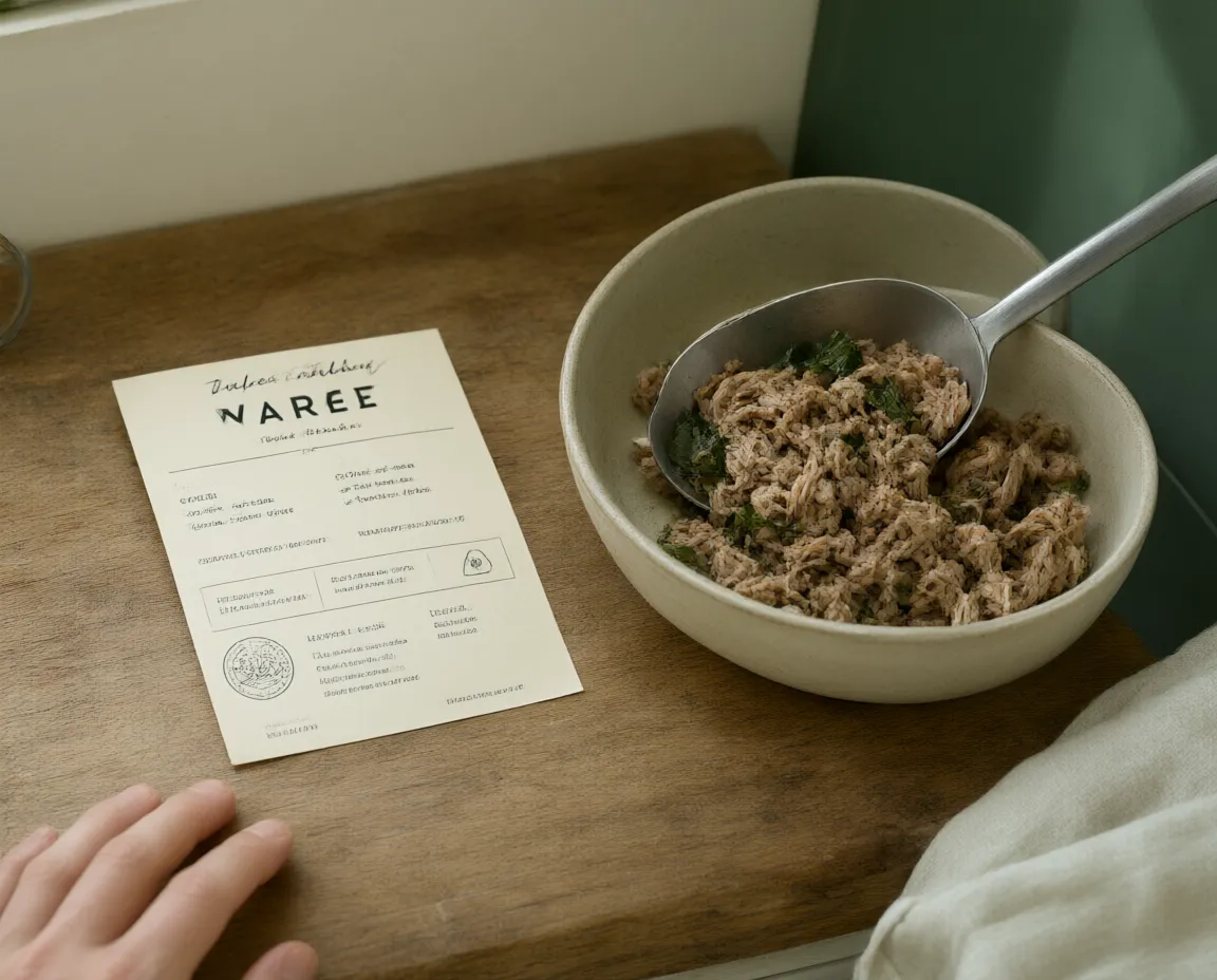 A printed dog food label lying on a wooden counter beside a bowl of lightly cooked food