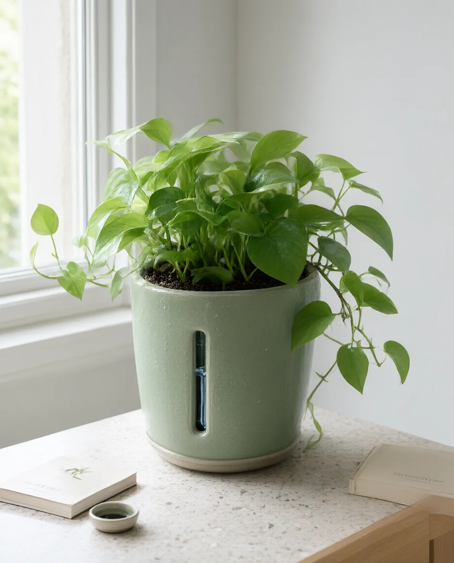 The Orbleaf Planter, a 15 cm glazed ceramic pot in sage green with a pothos growing in it