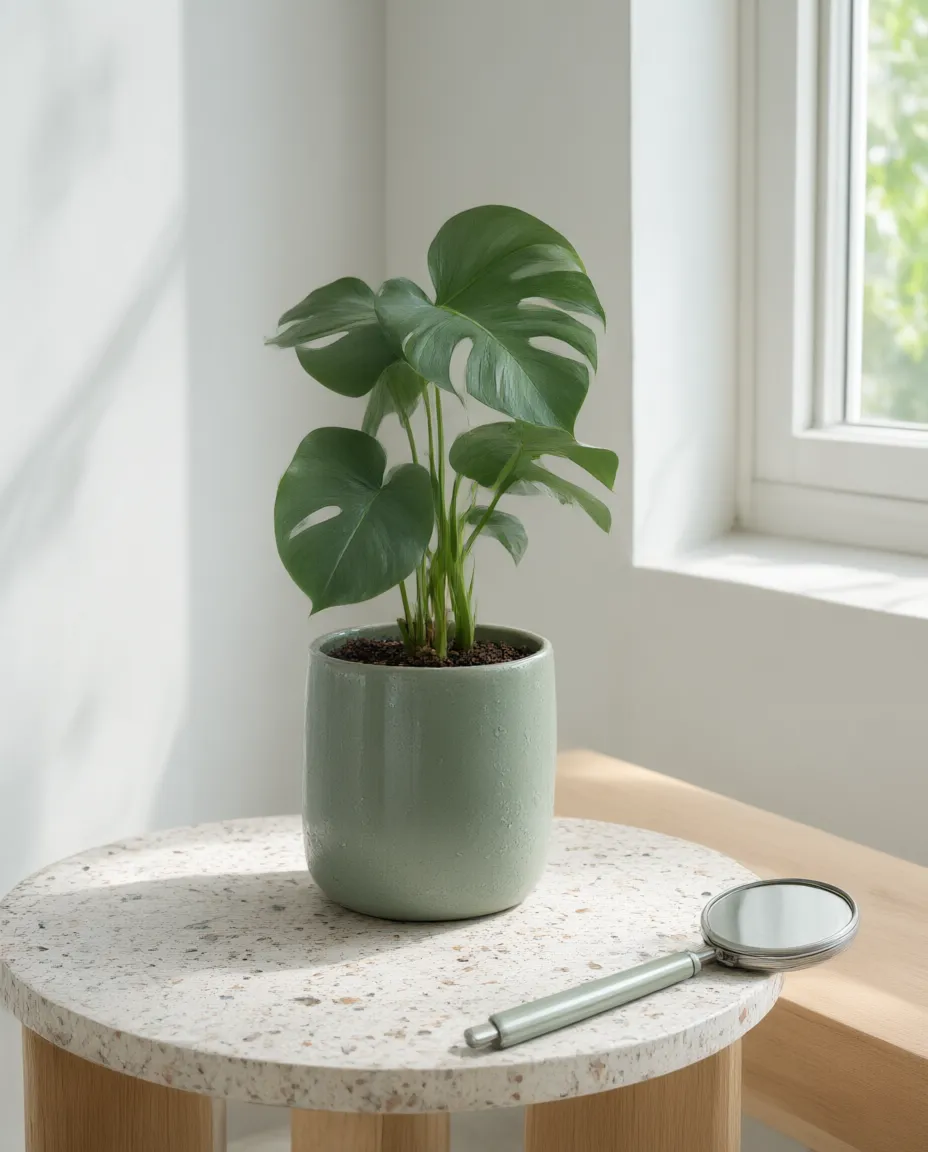 Orbleaf Planter in the sage glaze with a small monstera