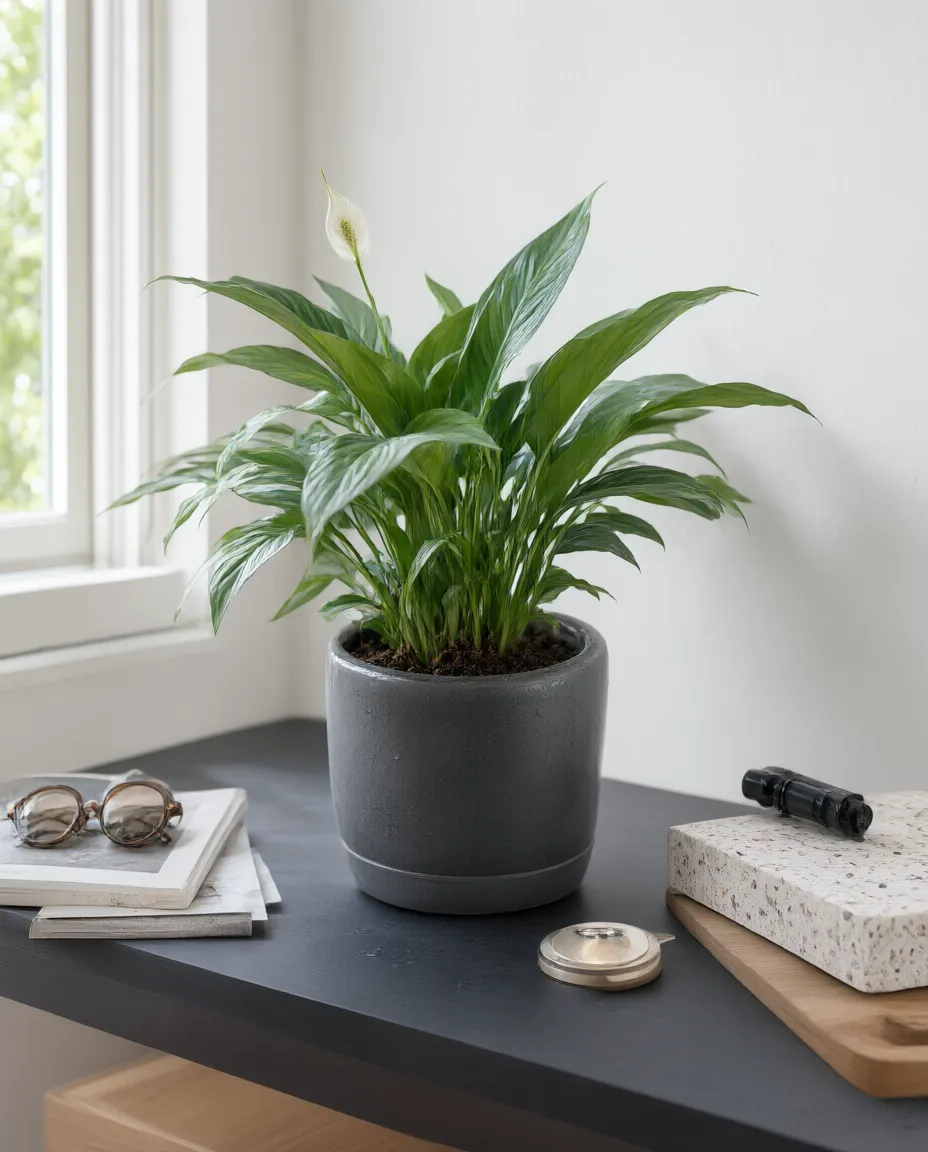 Orbleaf Planter in the charcoal glaze with a peace lily