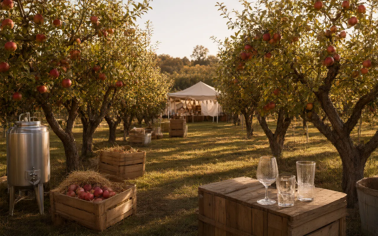An apple orchard at Duskhollow in the late afternoon, with rows of trees heavy with fruit