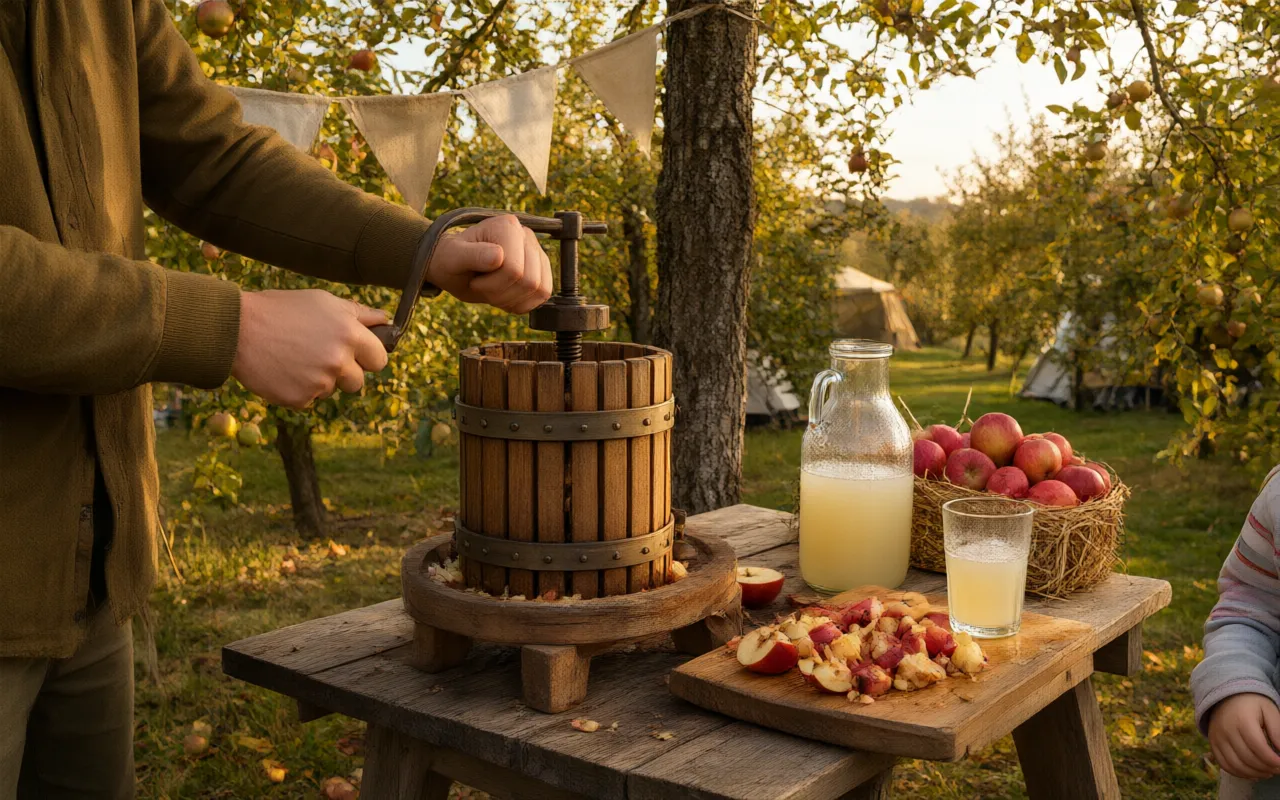 Hands turning the crank of an apple press in the kids' corner, with a jug of fresh juice on the table