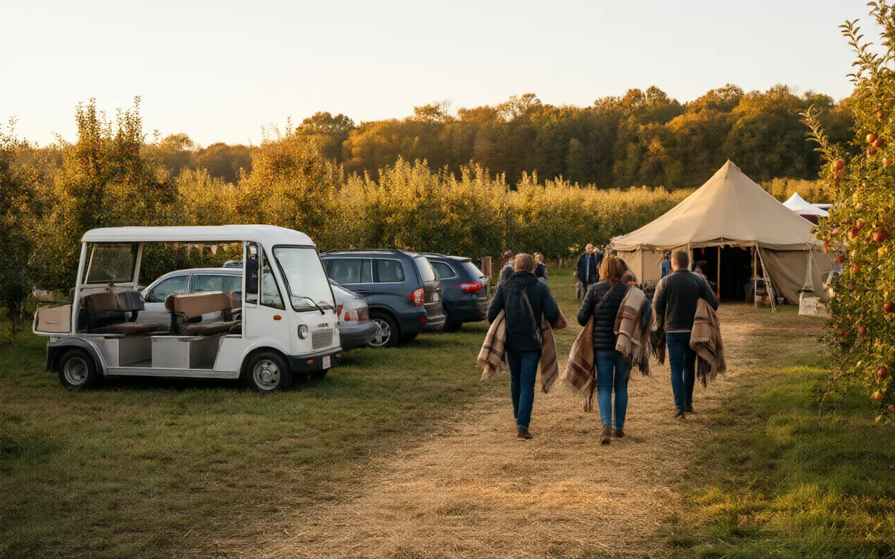 Cars parked in the field beside the orchard, with a straw path leading to the festival gate