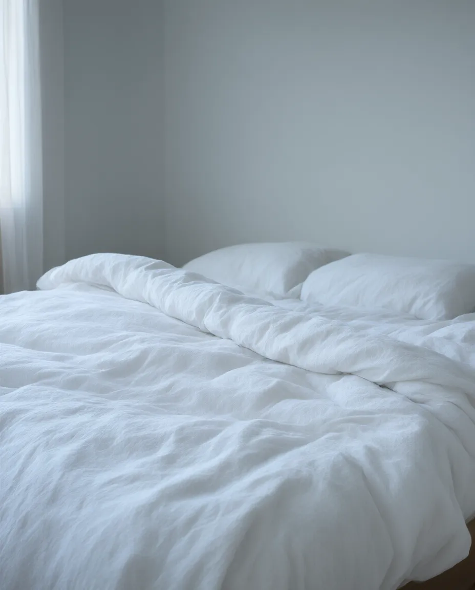 A bed dressed in cool white cotton percale in early daylight