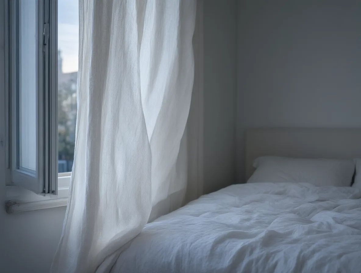 An ajar window in a bedroom at dusk