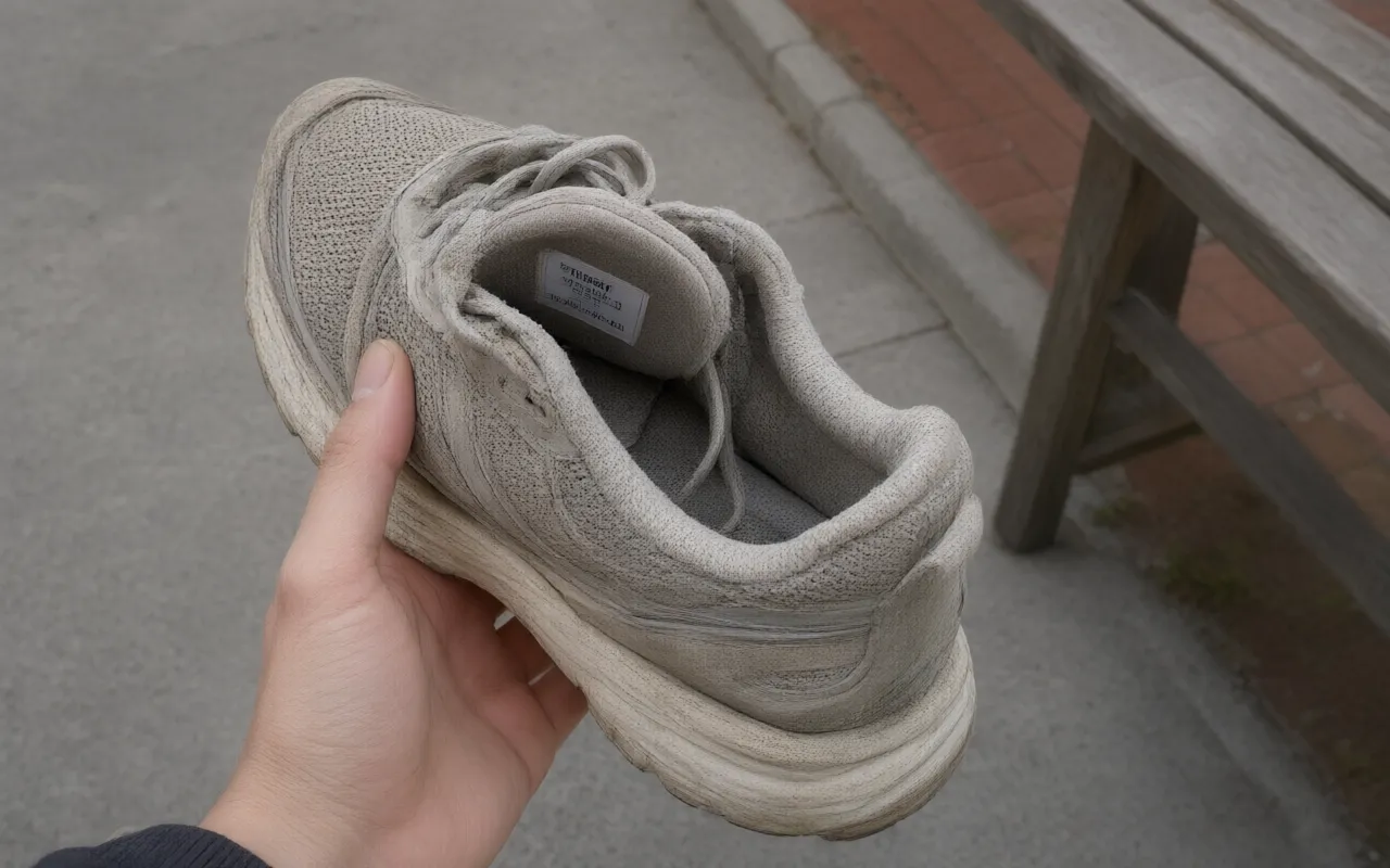 Reading the size label inside the heel of an old running shoe