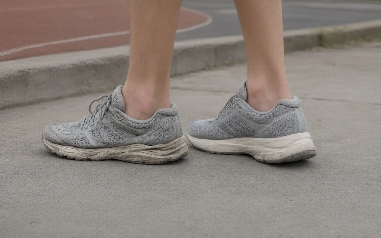 A worn shoe and a newer shoe on two feet
