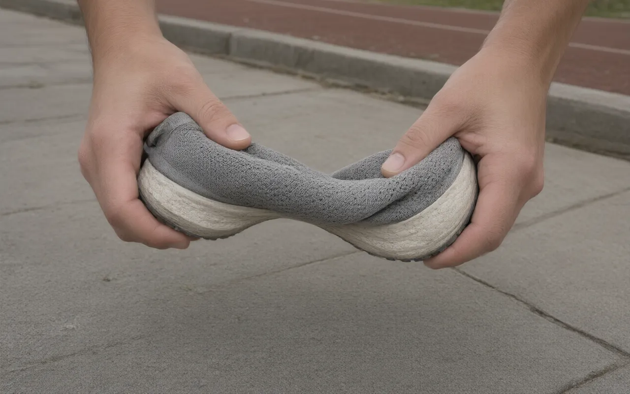 Two hands twisting a running shoe end to end