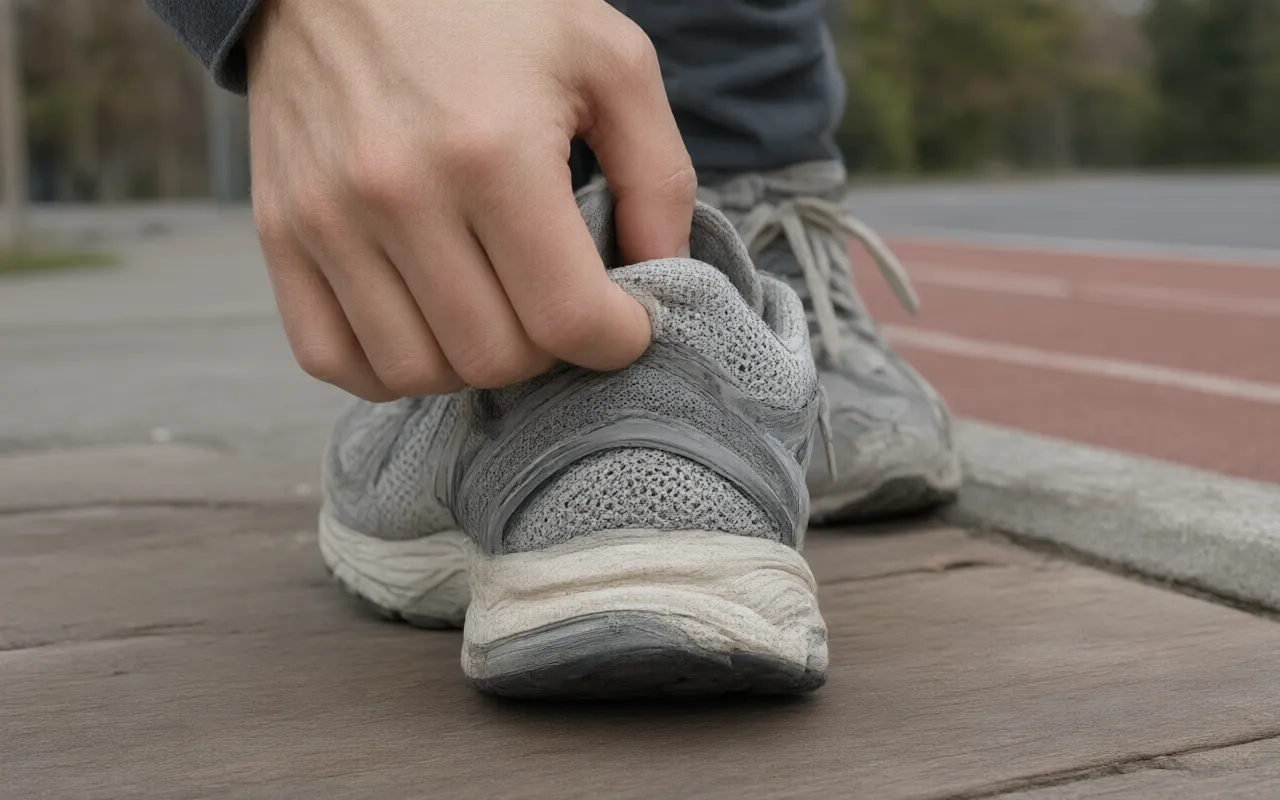 A hand pinching the heel counter of a running shoe
