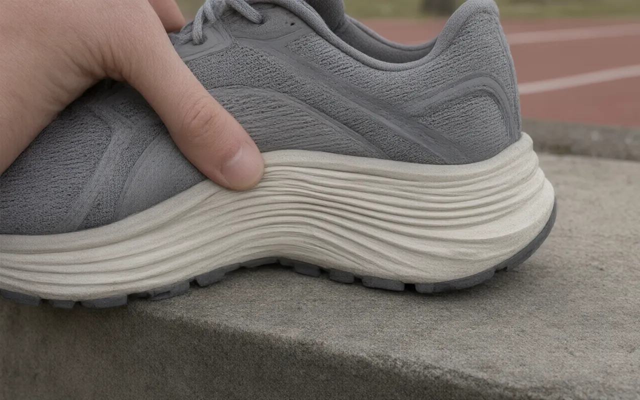 Deep creases in the foam side wall of a running shoe