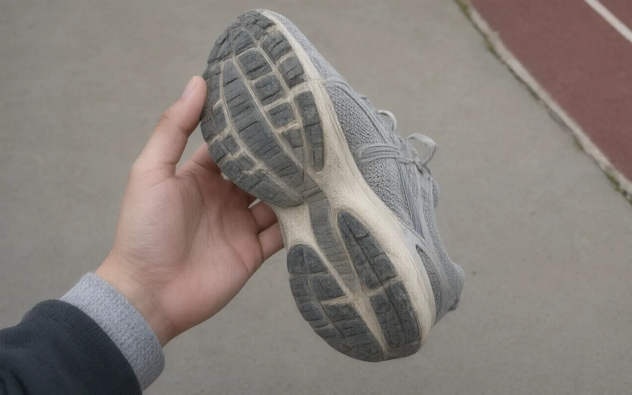 The outsole of a worn running shoe held up to the light
