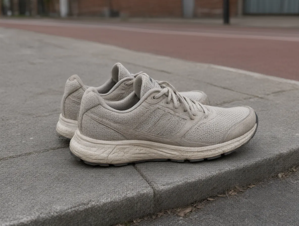 A pair of well-used running shoes on a concrete pavement