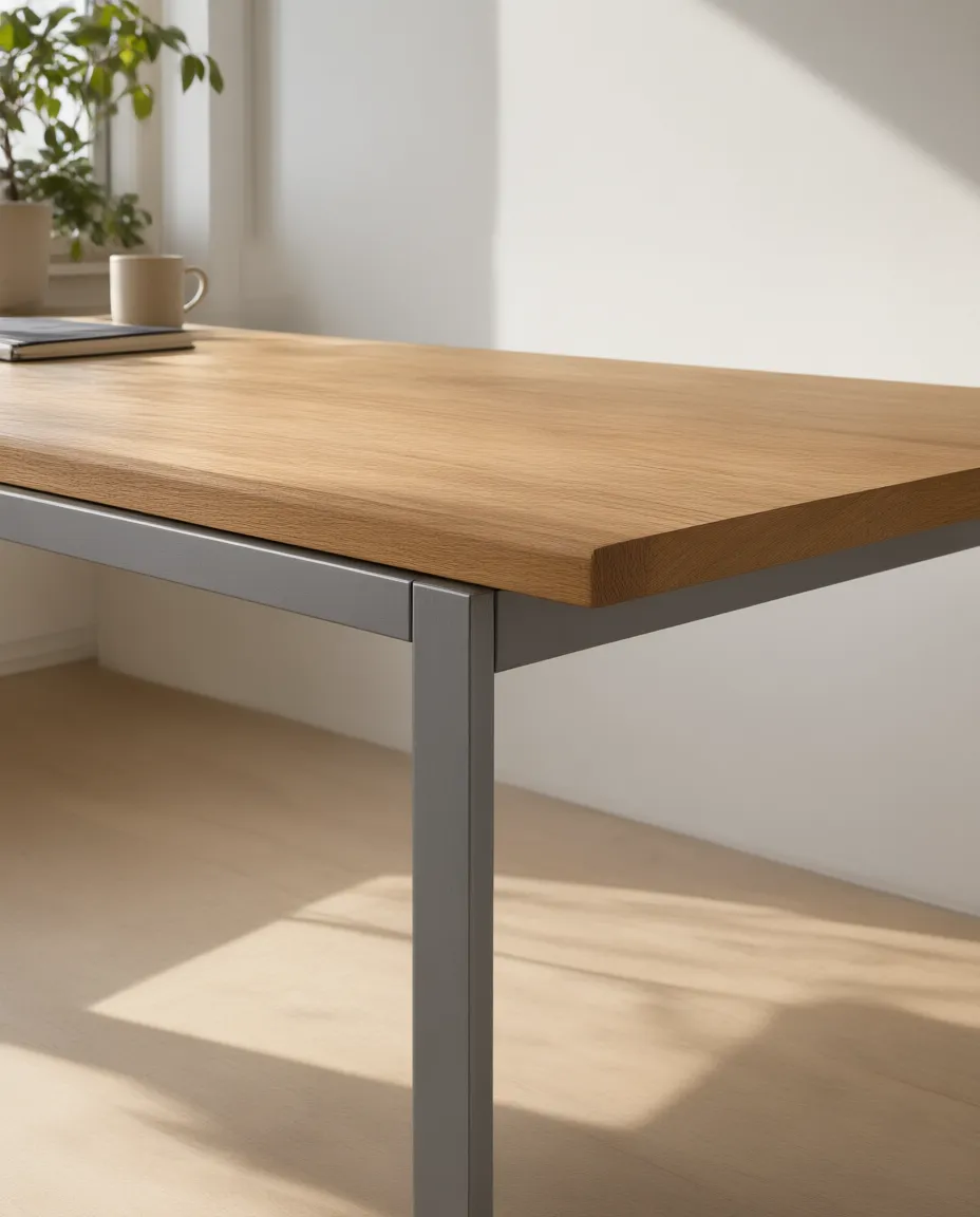 Close view of the solid oak-veneer top of the Deskwren Duo, showing the grain and its edge