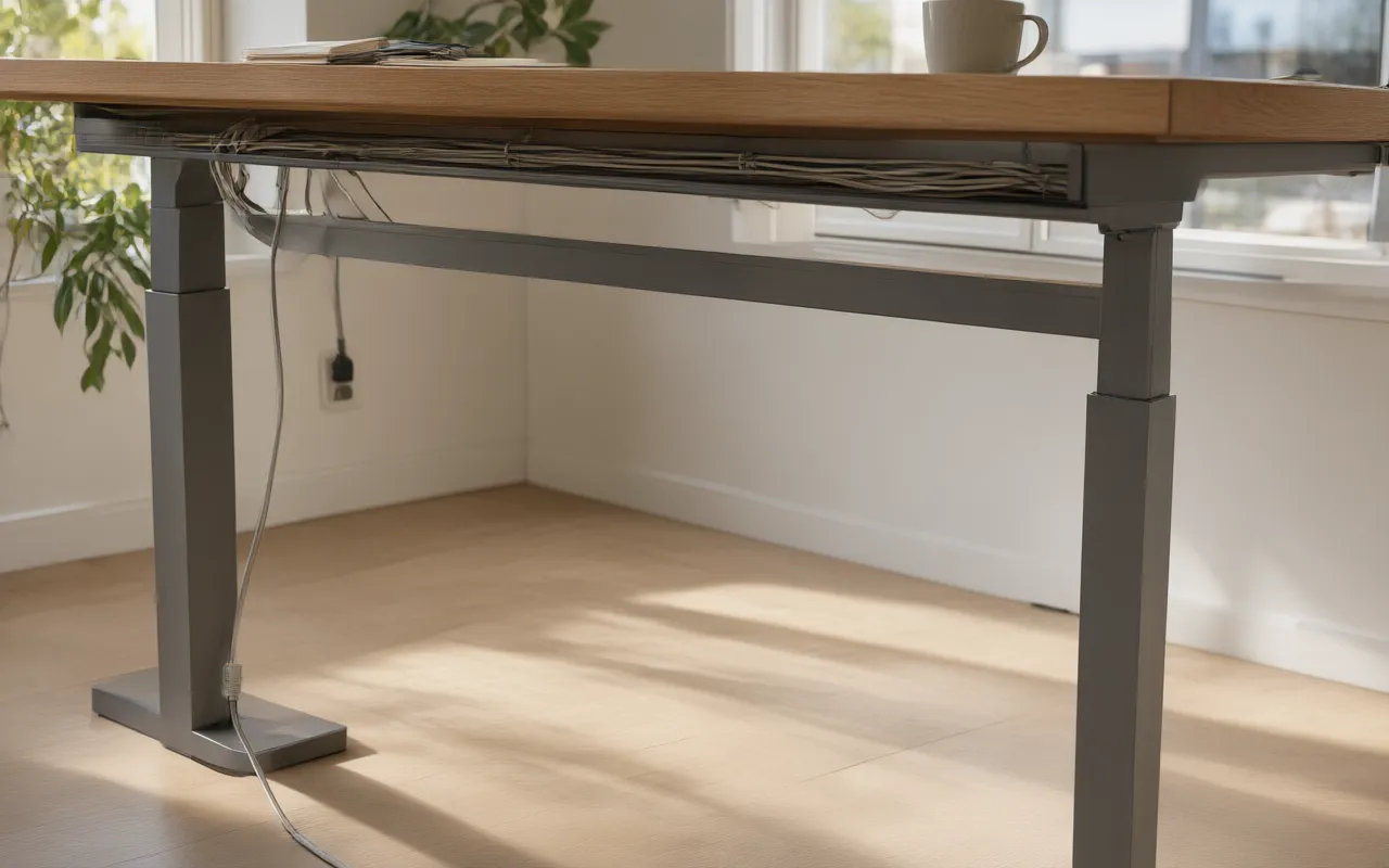Cable tray and channel running along the underside of a raised desk top