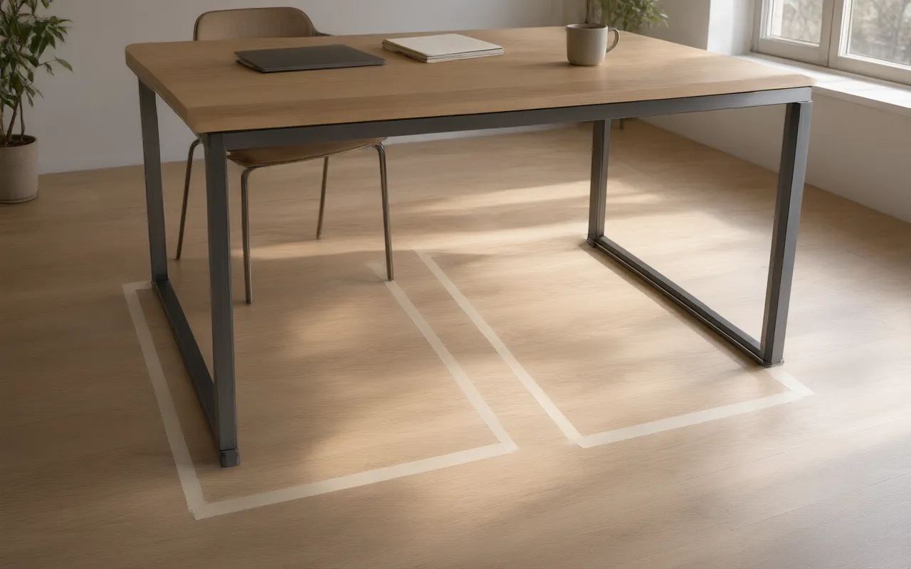Tape marking the footprint of a desk on a home office floor, seen from above