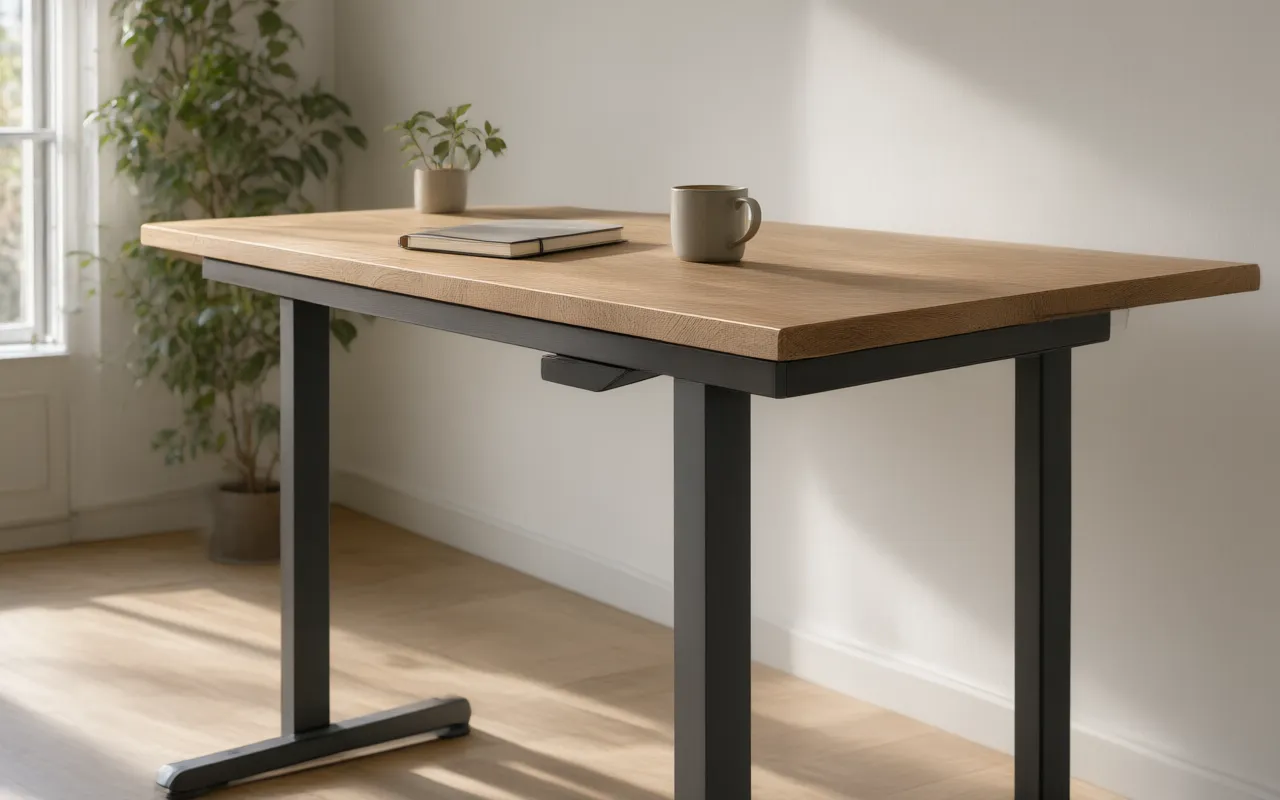 An edge-on view of an oak-veneer desktop showing its side profile, with a notebook and a mug on top