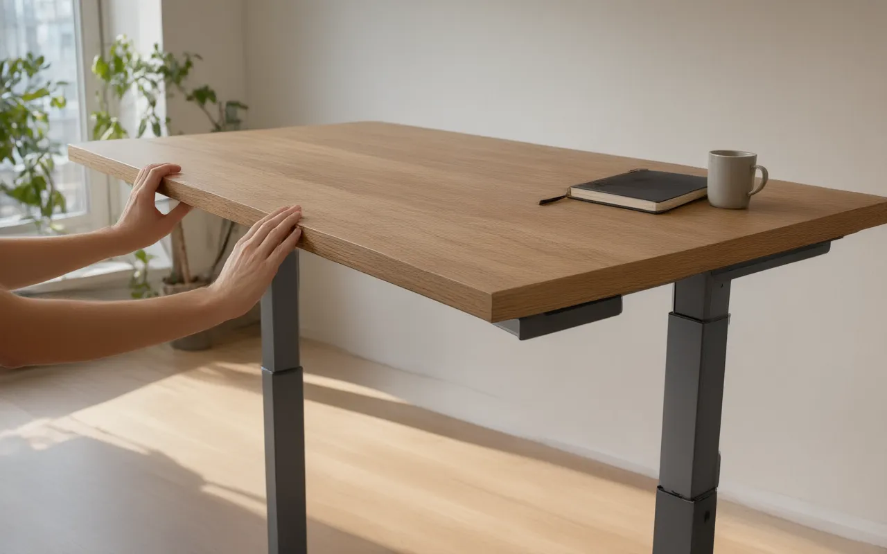 Two hands pushing the front edge of a raised standing desk to test how steady it is
