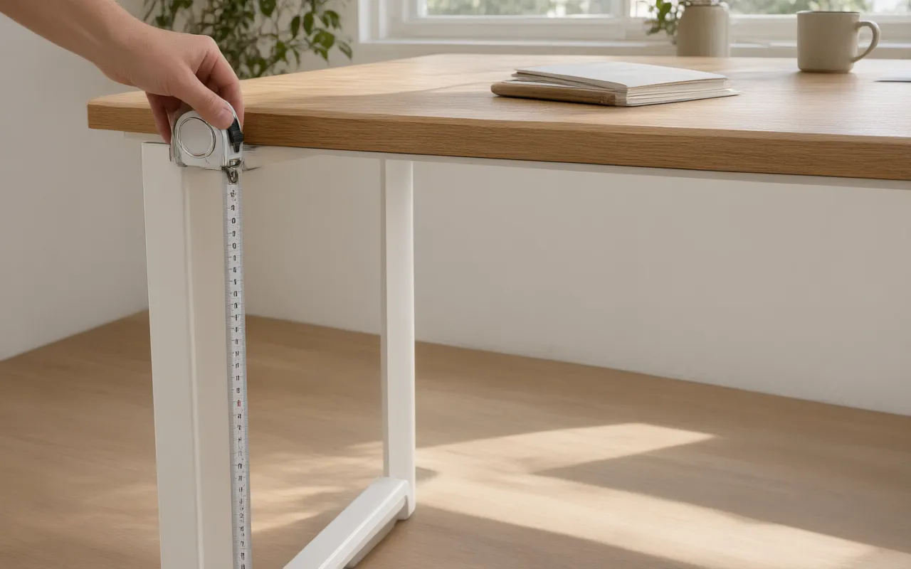 A tape measure held against a desk leg, with a hand measuring the height of the top