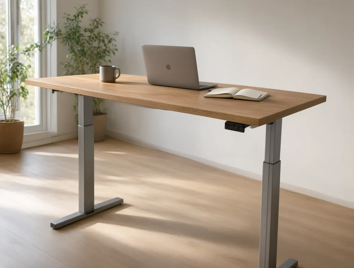 A standing desk with an oak-veneer top raised to full height in a home office