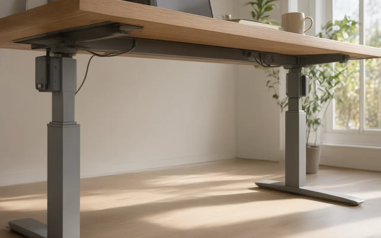 Close view of two telescopic desk legs, each with its own motor housing