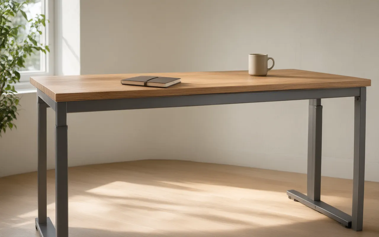 The Deskwren Duo standing desk with an oak-veneer top and steel frame in a home office