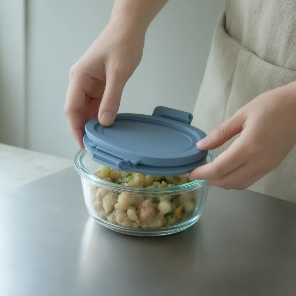 A snap-lock lid being pressed onto a glass container