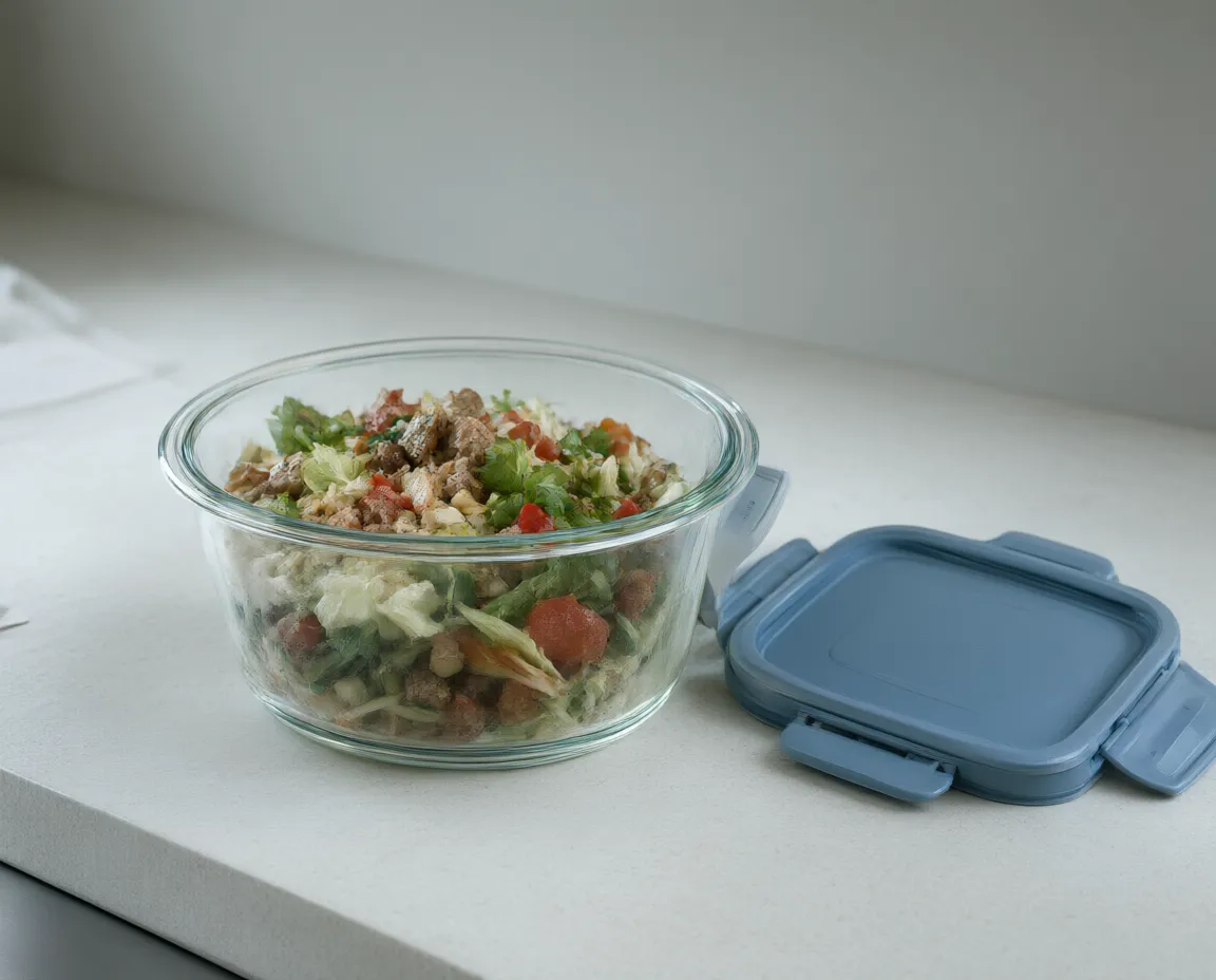 A Larderly glass container on a countertop with its snap-lock lid set beside it