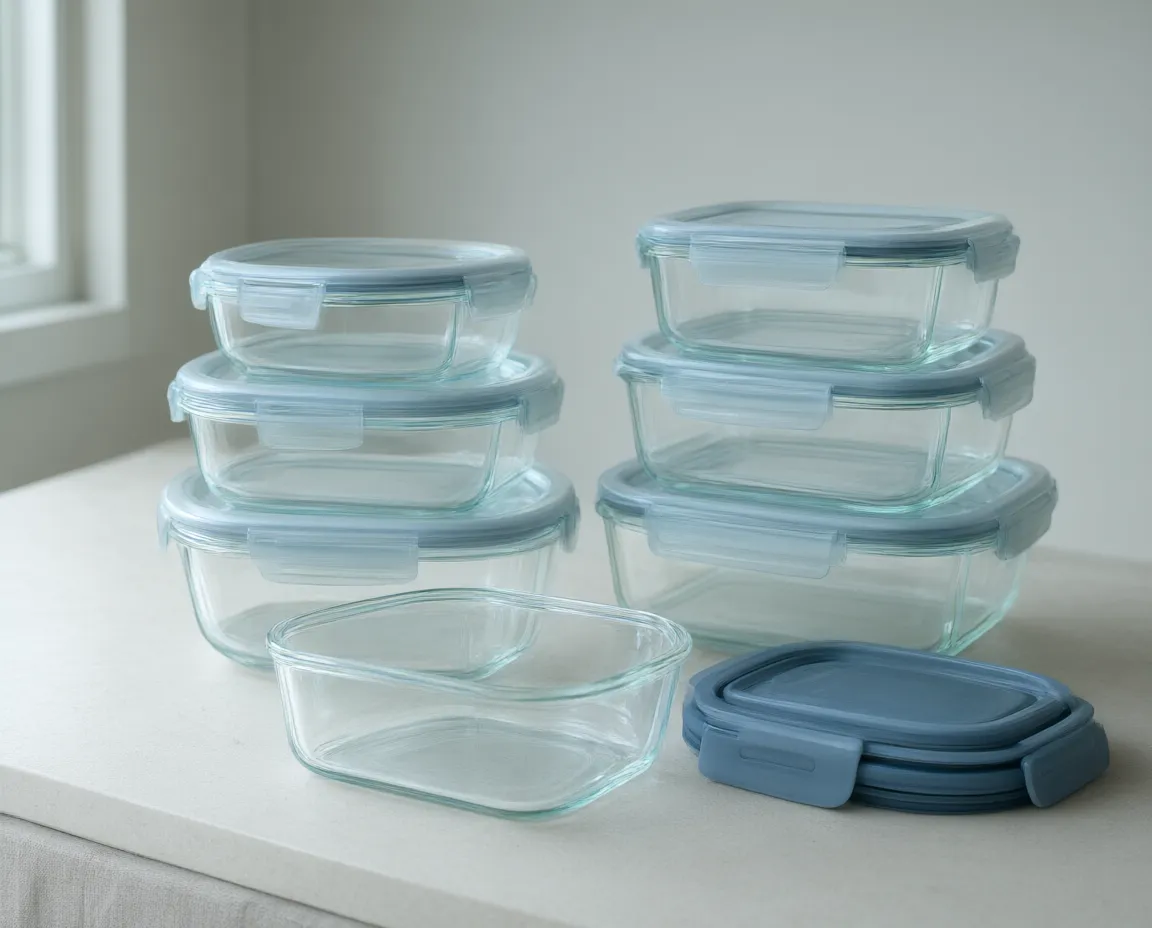 Eight Larderly glass containers in four sizes stacked on a countertop with their lids beside them
