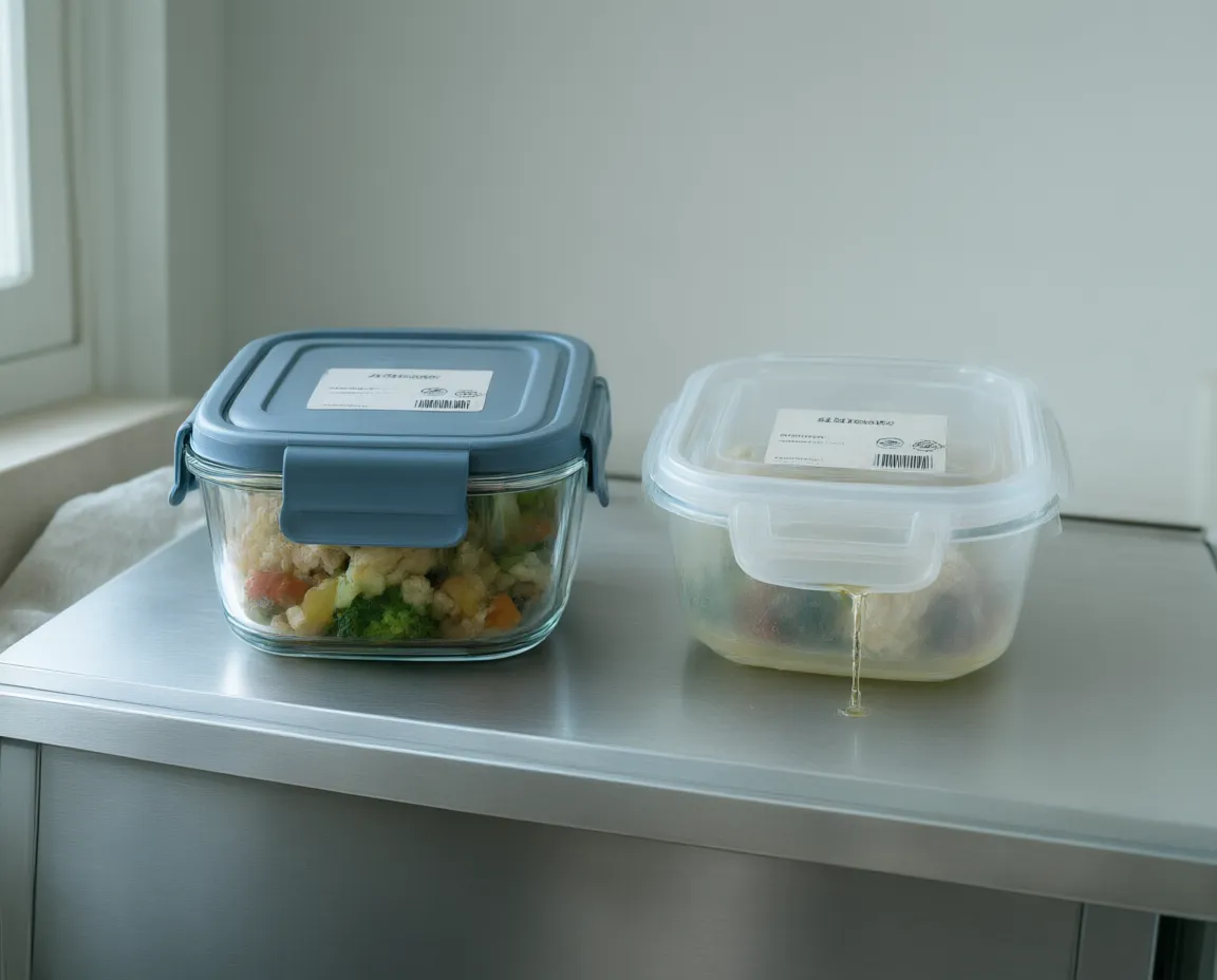Two closed containers tipped on their side on a steel fridge shelf, one lid sealed and one leaking