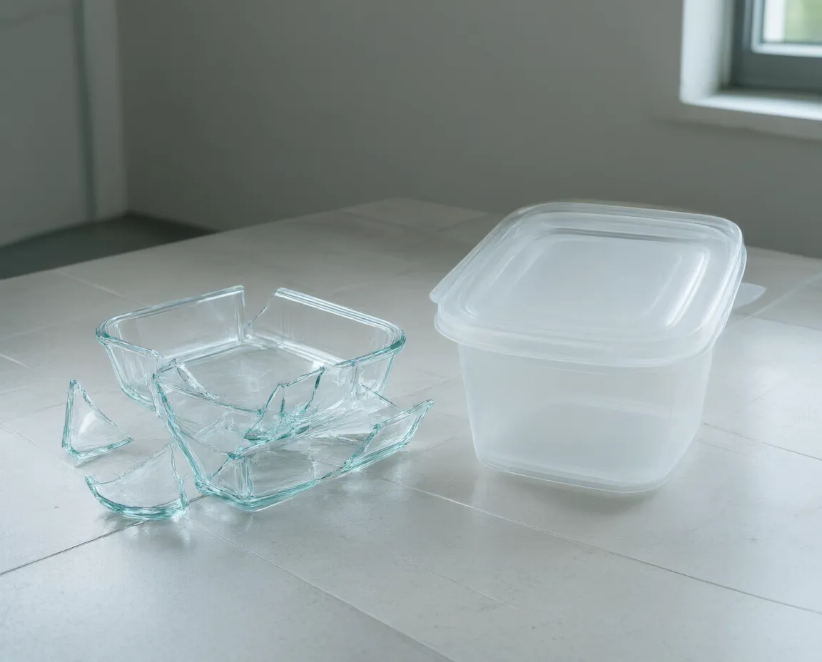 A shattered glass container on a tiled kitchen floor next to an intact plastic container