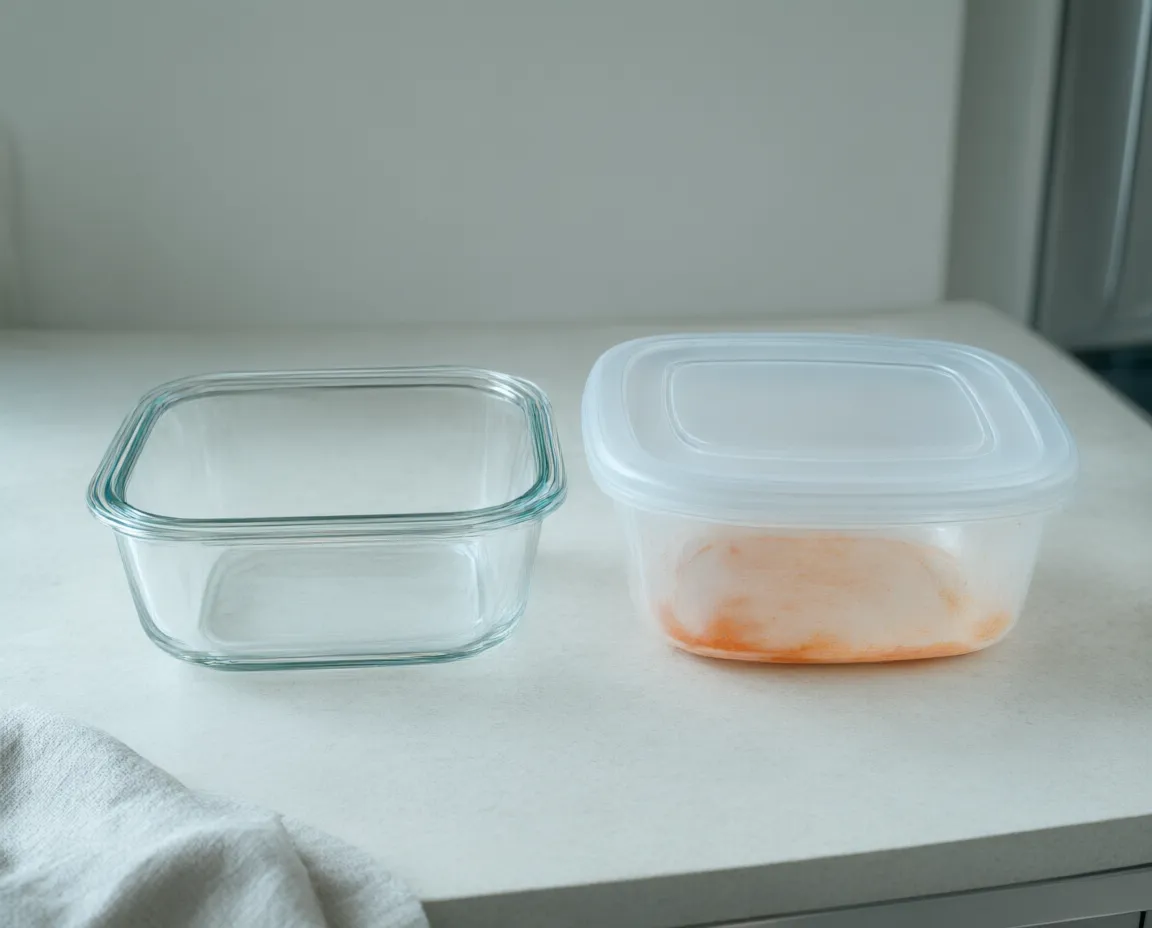 A clean glass container beside a plastic container left orange-tinged by tomato sauce