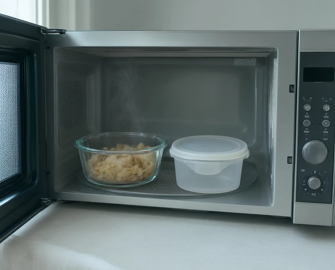 A glass container and a plastic container side by side in a microwave, the glass still steaming