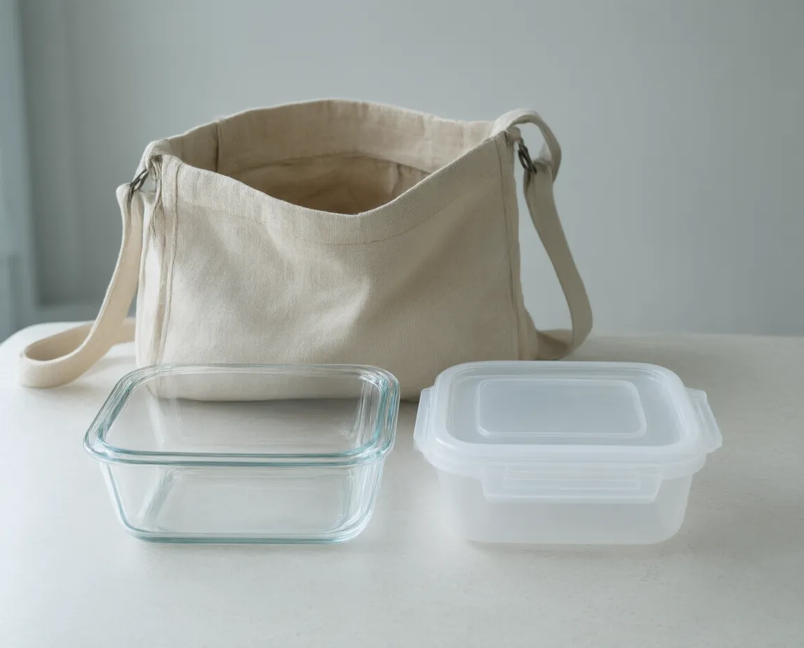 A glass container and a plastic container of the same size side by side, with a work bag behind them