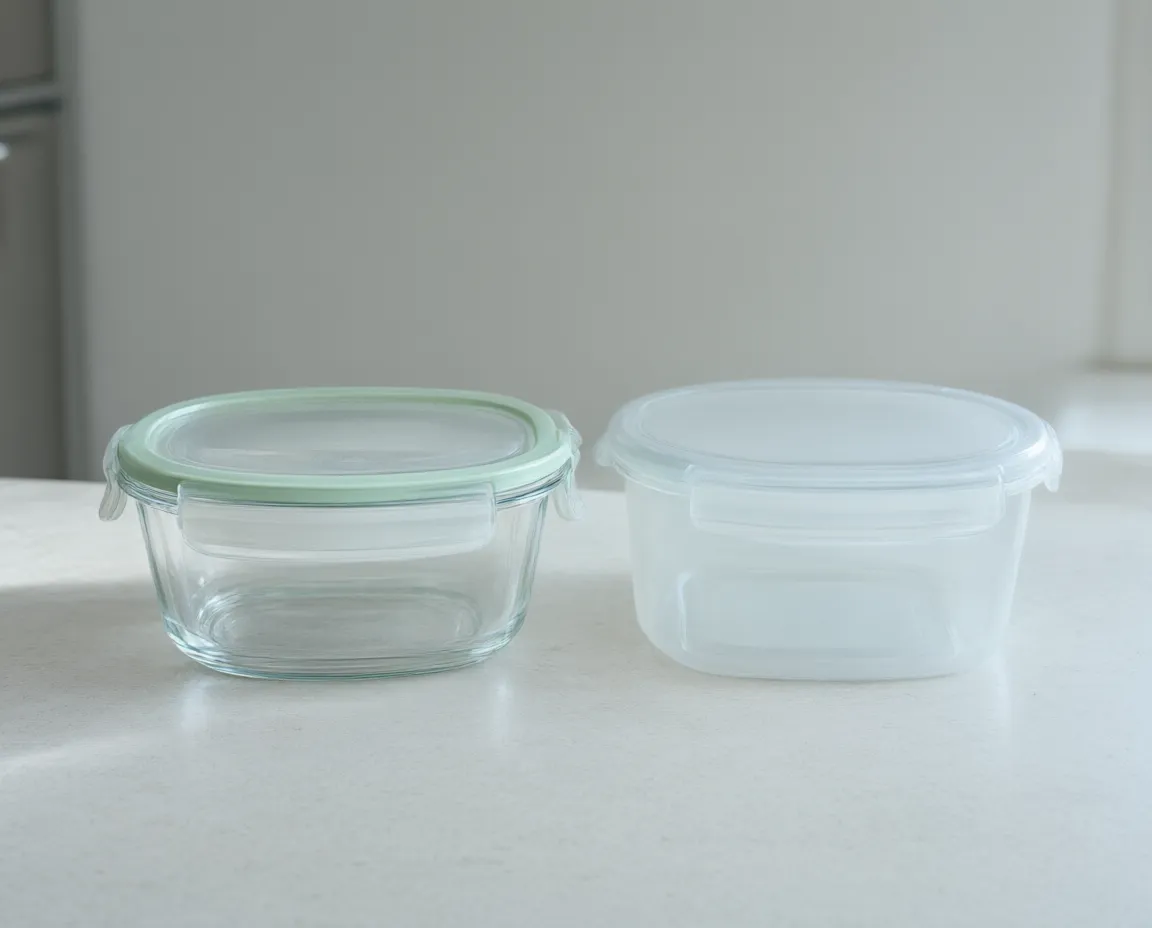 A glass container beside a plastic container of the same size on a countertop