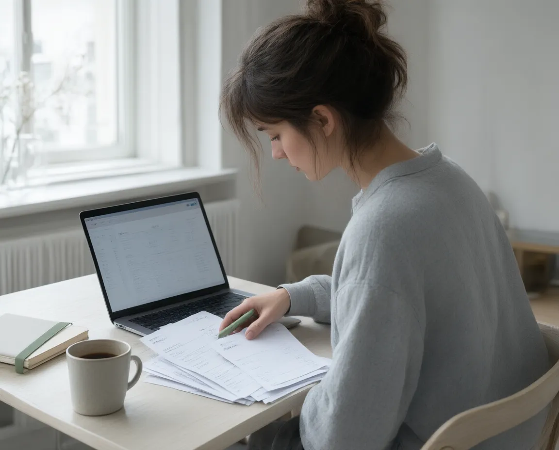 A freelancer at her desk going through invoices that still haven't been paid