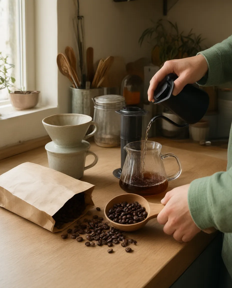 A bag of Kettleby beans on a kitchen counter next to a pour-over cone