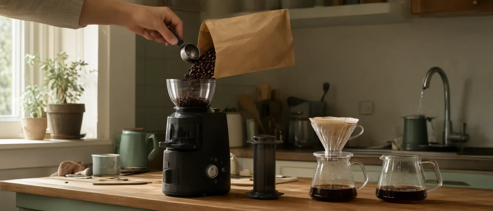 Pouring whole beans into a grinder at home