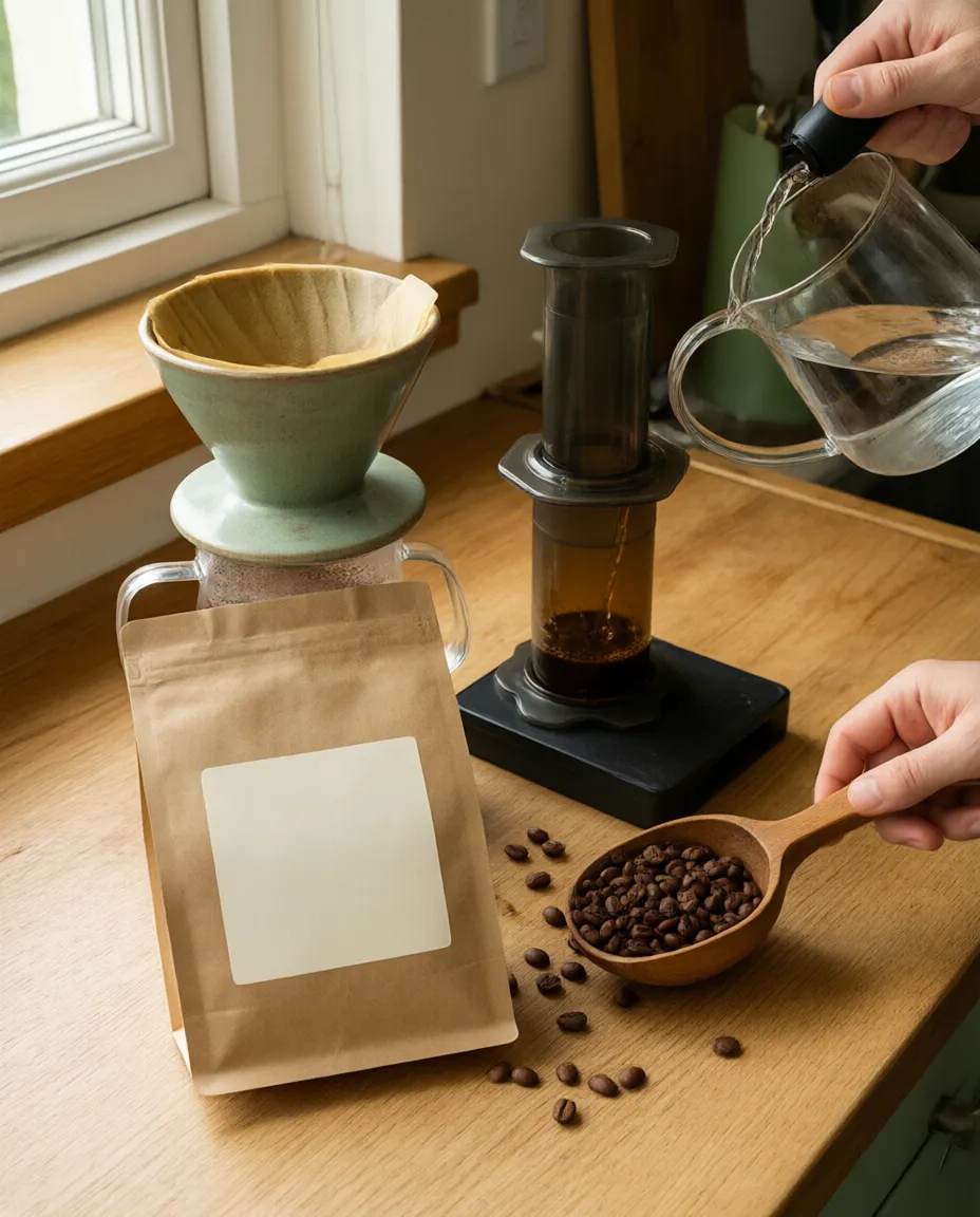 A Kettleby kraft bag of whole beans on a kitchen counter beside a pour-over cone
