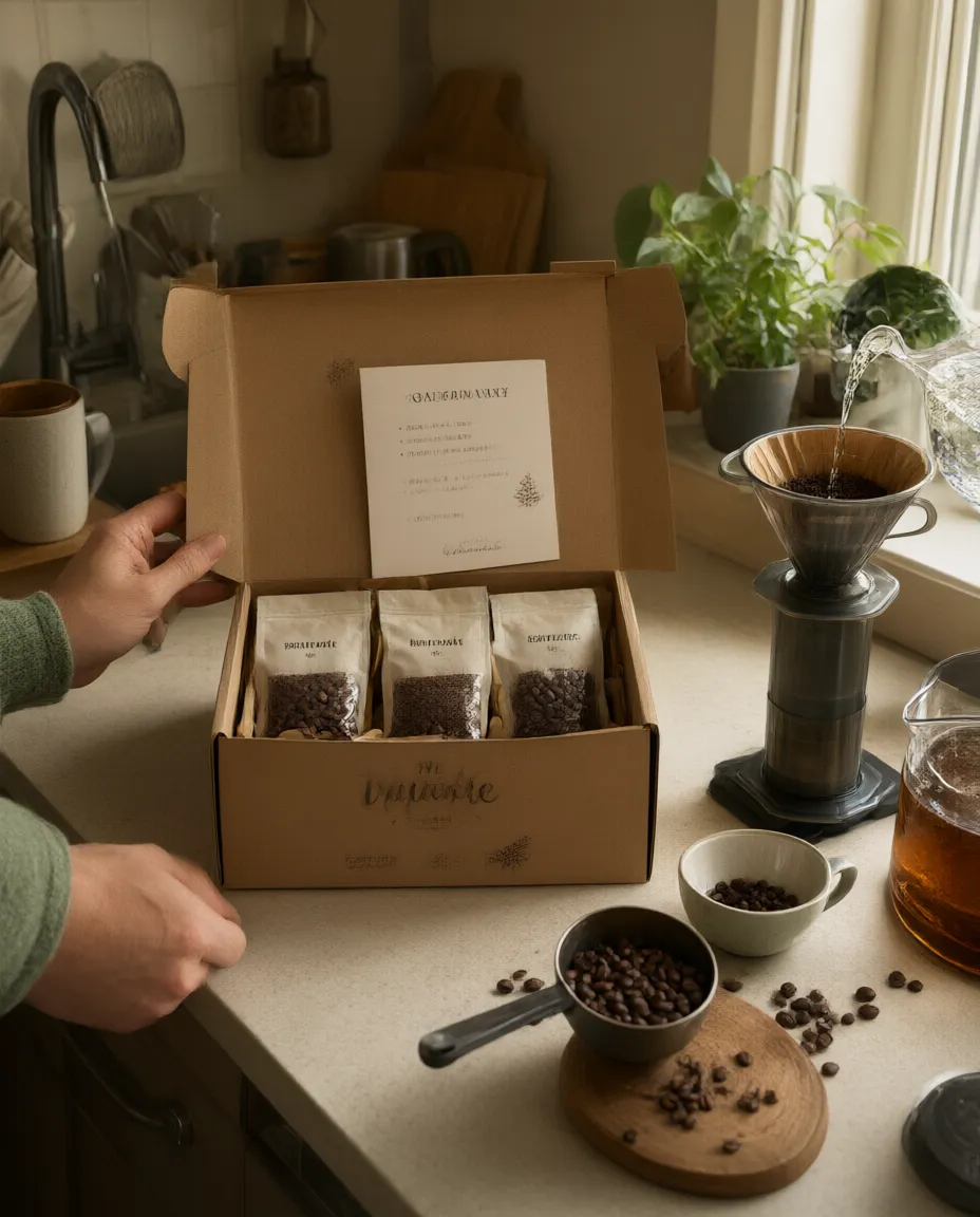 The Kettleby Holiday Gift Box open on a kitchen counter, three coffee bags and a tasting card inside
