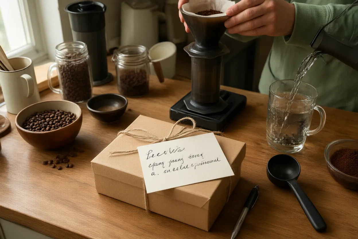 A handwritten note tucked into the gift box