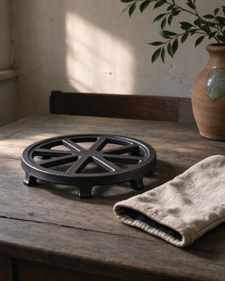 A cast-iron trivet with a linen oven mitt beside it