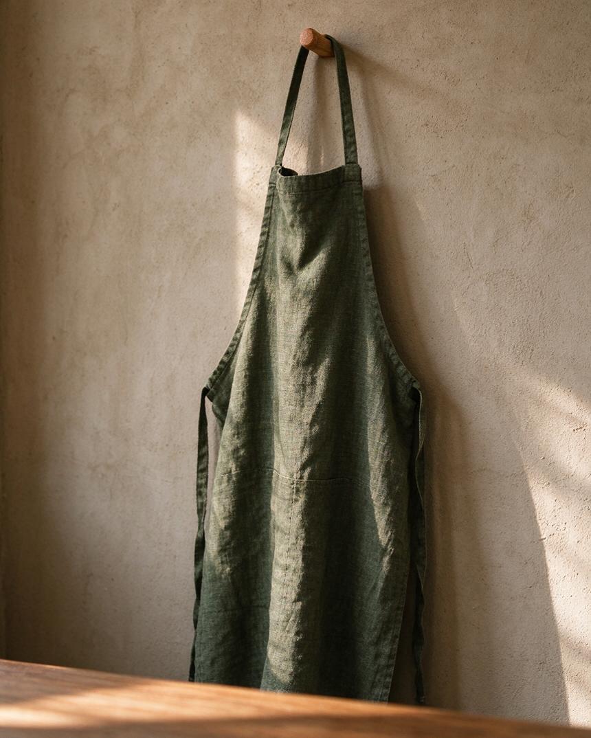 A linen apron in deep green