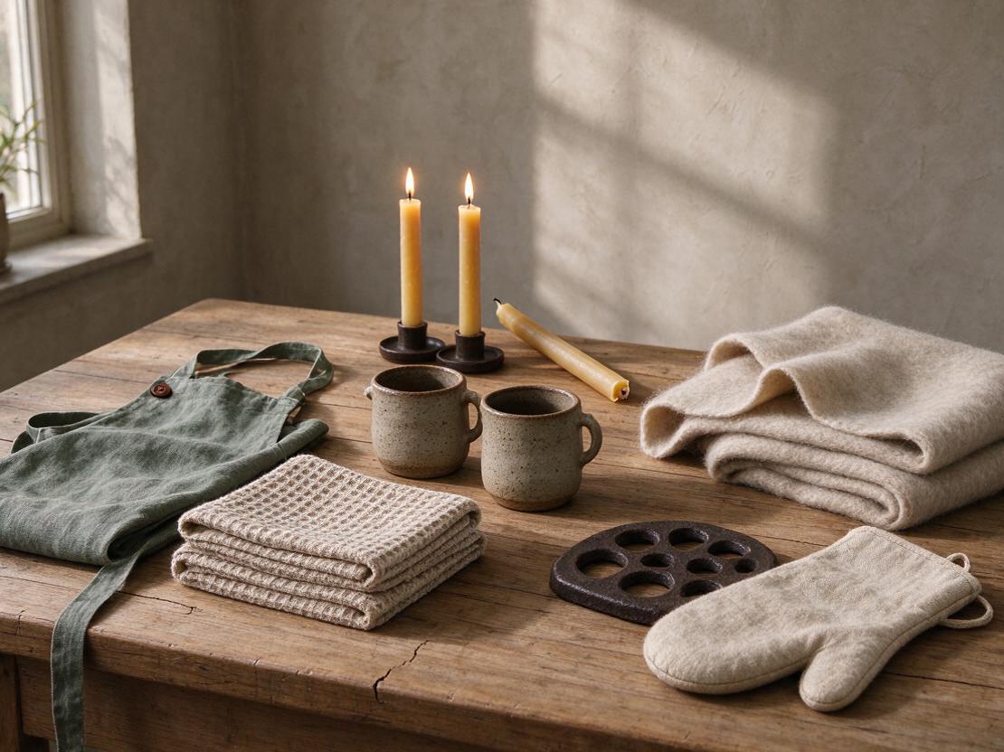 All six gifts from the guide arranged together on a wooden kitchen table in warm evening light, with lit beeswax tapers