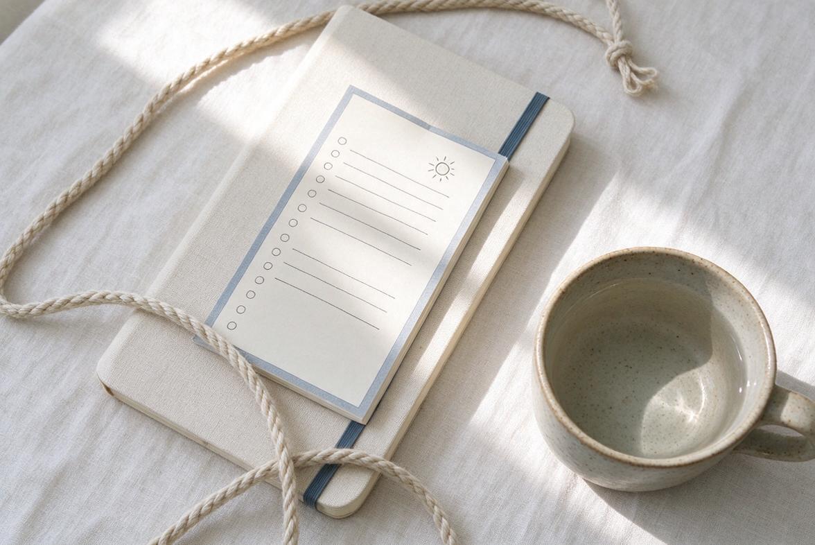Morning ritual setup with ceramic cup and notebook