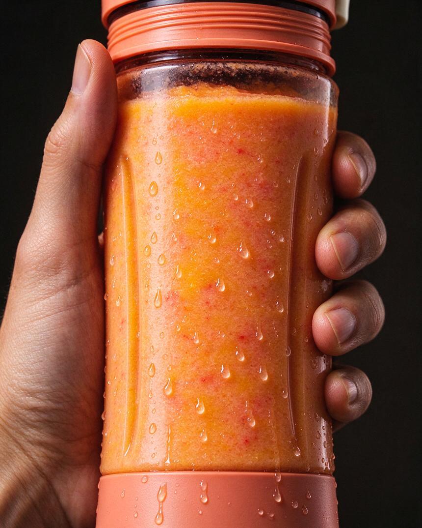 Whirlby Go portable blender held in one hand, filled with a fresh fruit smoothie