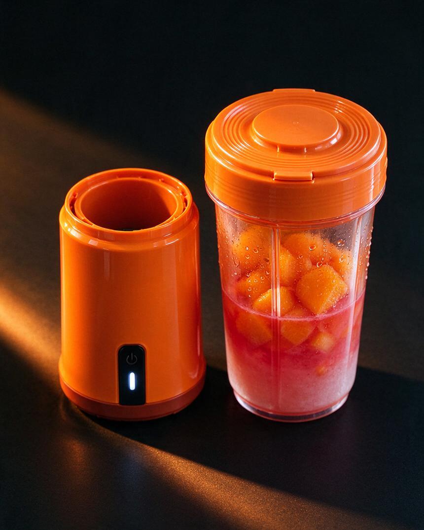 The Whirlby Go blender base and its 450 ml cup with the sealed lid