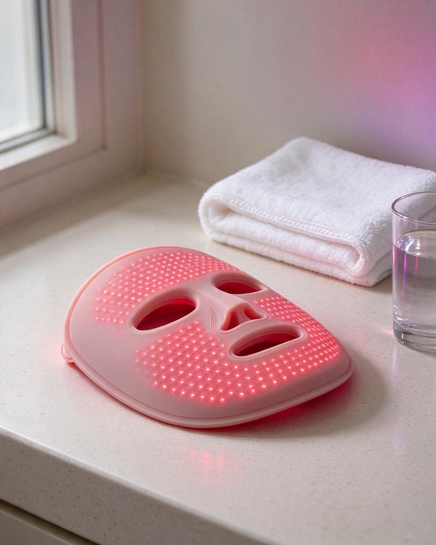 A flexible silicone LED face mask resting on a bathroom counter