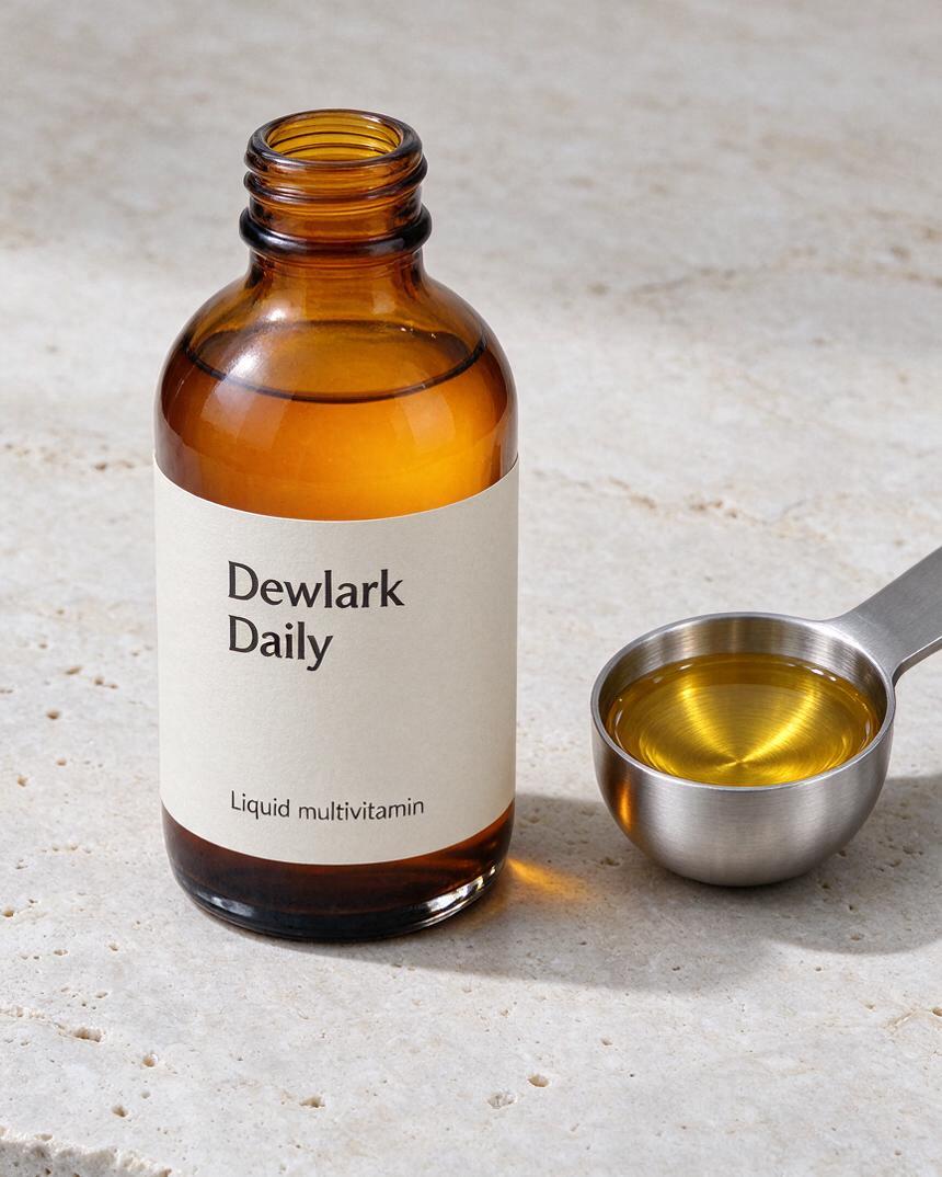 Dewlark Daily liquid multivitamin bottle and 15ml measuring spoon