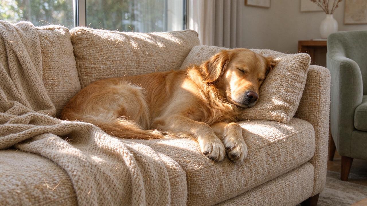 A relaxed dog resting on a textured fabric living room sofa with natural sunlight